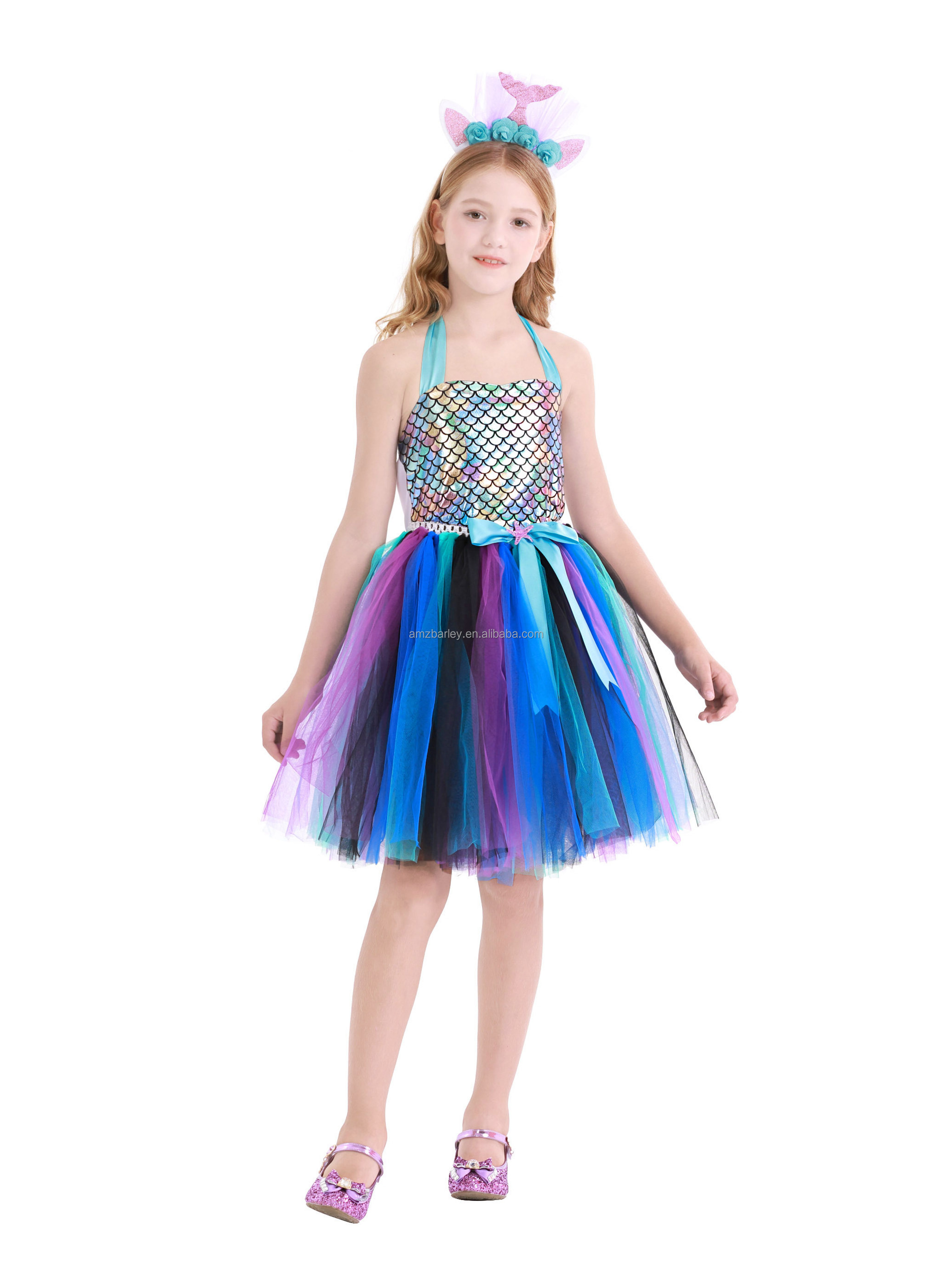 Halloween Cosplay Costumes Little Mermaid Girl Mesh Dress Party Wedding Rainbow Halter Tutu Dress Baby Girls' Dresses