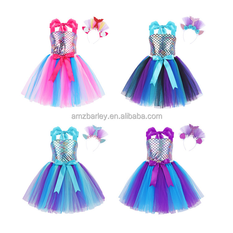 Halloween Cosplay Costumes Little Mermaid Girl Mesh Dress Party Wedding Rainbow Halter Tutu Dress Baby Girls' Dresses