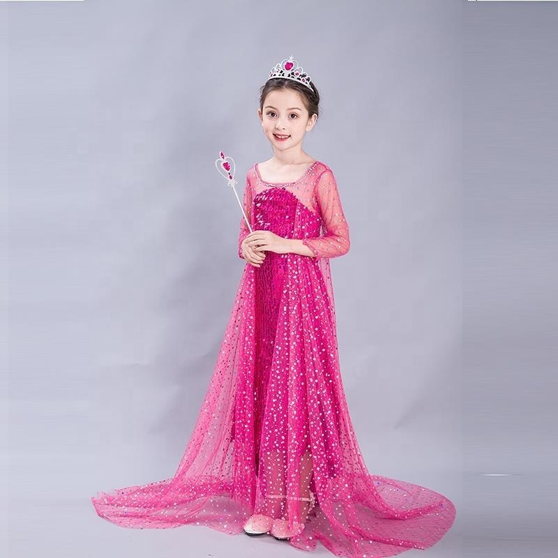 TV movie Elsa Dress Girl Deluxe Gown with Accessories Lace Long Tail Sequin Hem Kids Cosplay Princess Carnival Party Costume