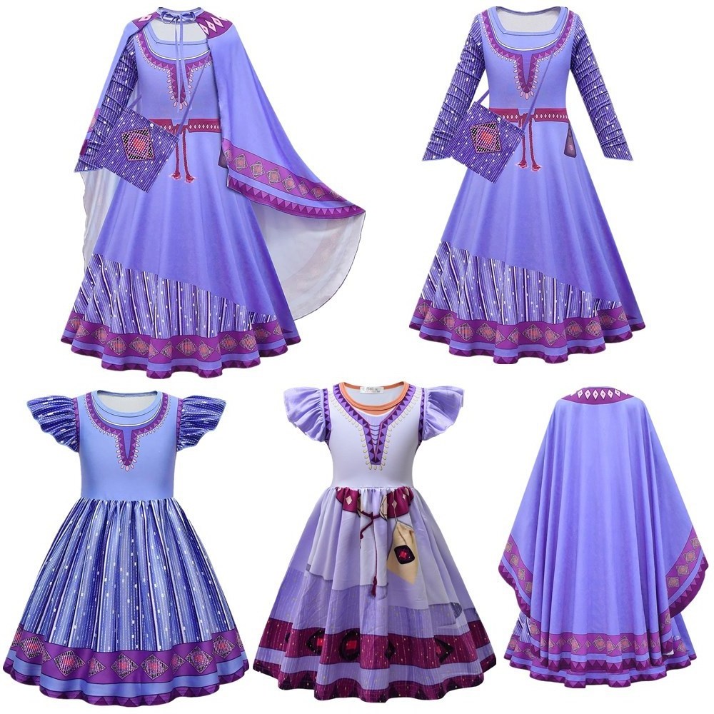 New Movie Girls Princess Dress Purple Asha Costume Birthday Party Halloween Carnival Cosplay  Asha Costume