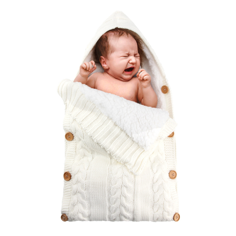 Hot Sale Newborn Swaddle Wrap Cute Solid Color Knit Nursery Baby sleeping Bag Breathable Baby Winter Sleep Blankets with Button