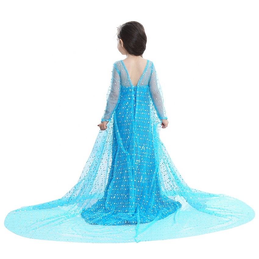 Girl Elsa Dress Crown Gloves Magic Wand Accessories Lace Long Tail Sequin Hem Long Sleeve Kids Cosplay Princess Party Costume