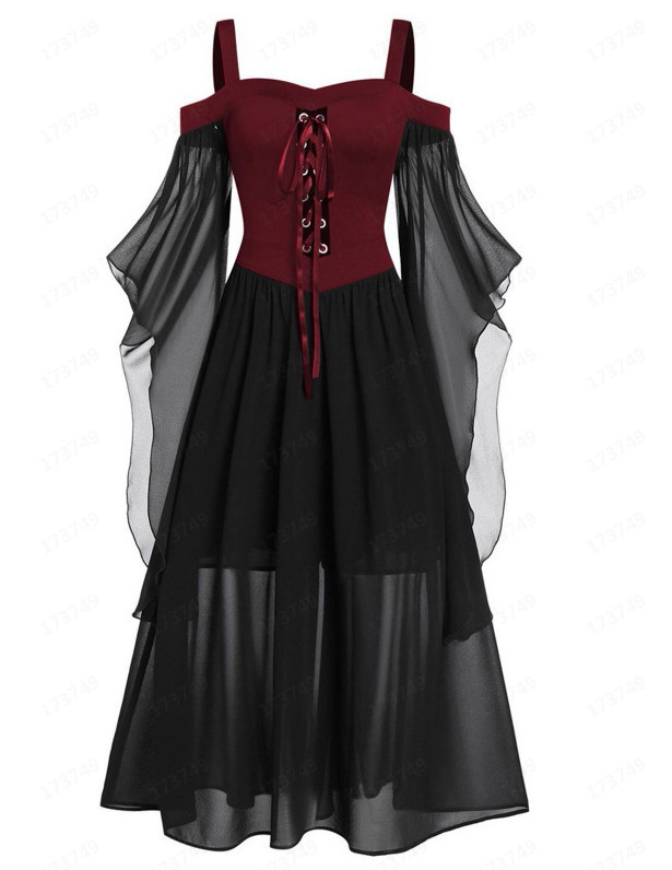 Fashion Witch Cosplay Halloween Costume Plus Size  Adult Off Shoulder Lady Dress Flying Sleeve Sexy Mesh Women Dresses