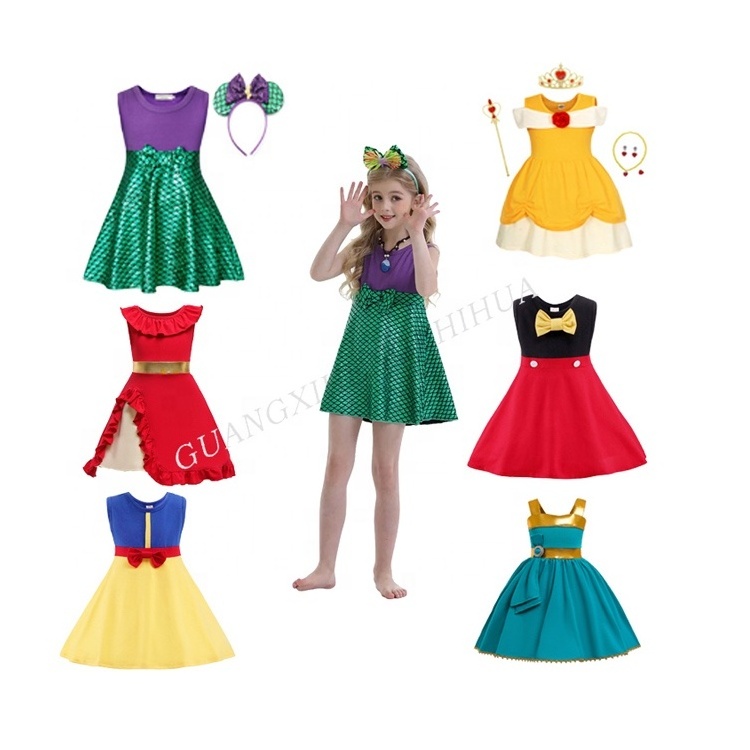 New Fashion Summer Mermaid Cartoon Cute Purple & Green Printed Sleeveless Kids Children Little Girl Dress Princess Costume