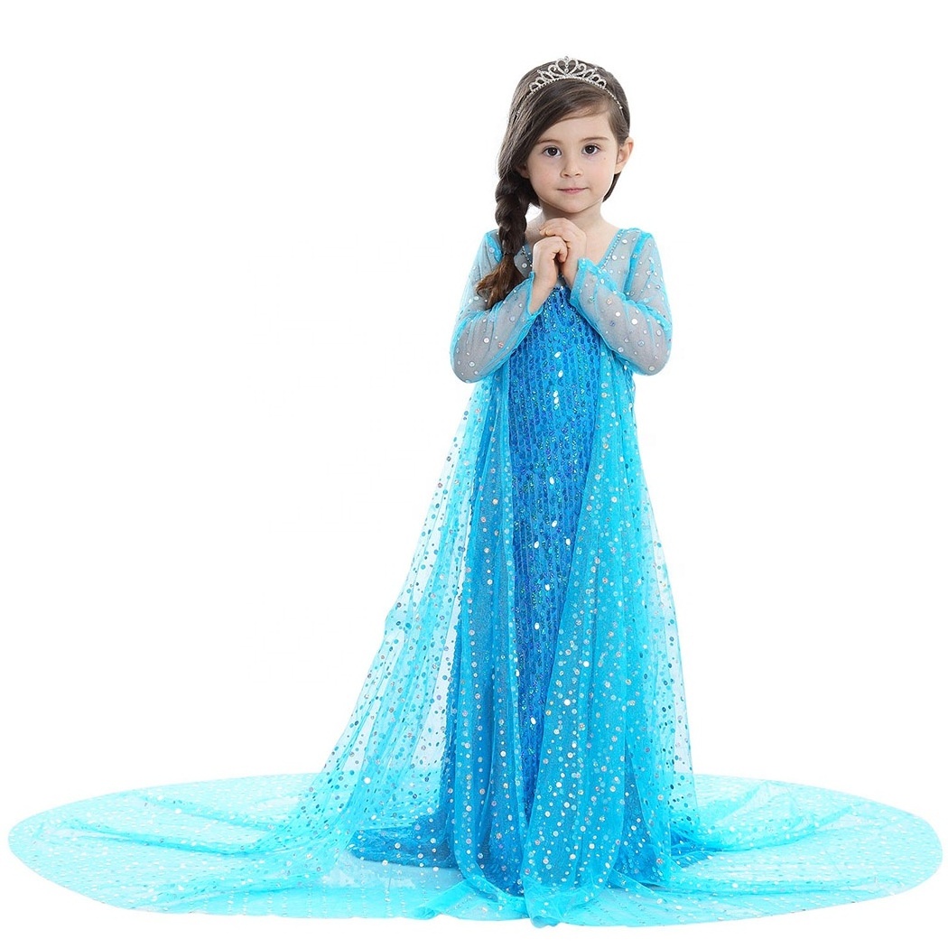 Girl Elsa Dress Crown Gloves Magic Wand Accessories Lace Long Tail Sequin Hem Long Sleeve Kids Cosplay Princess Party Costume