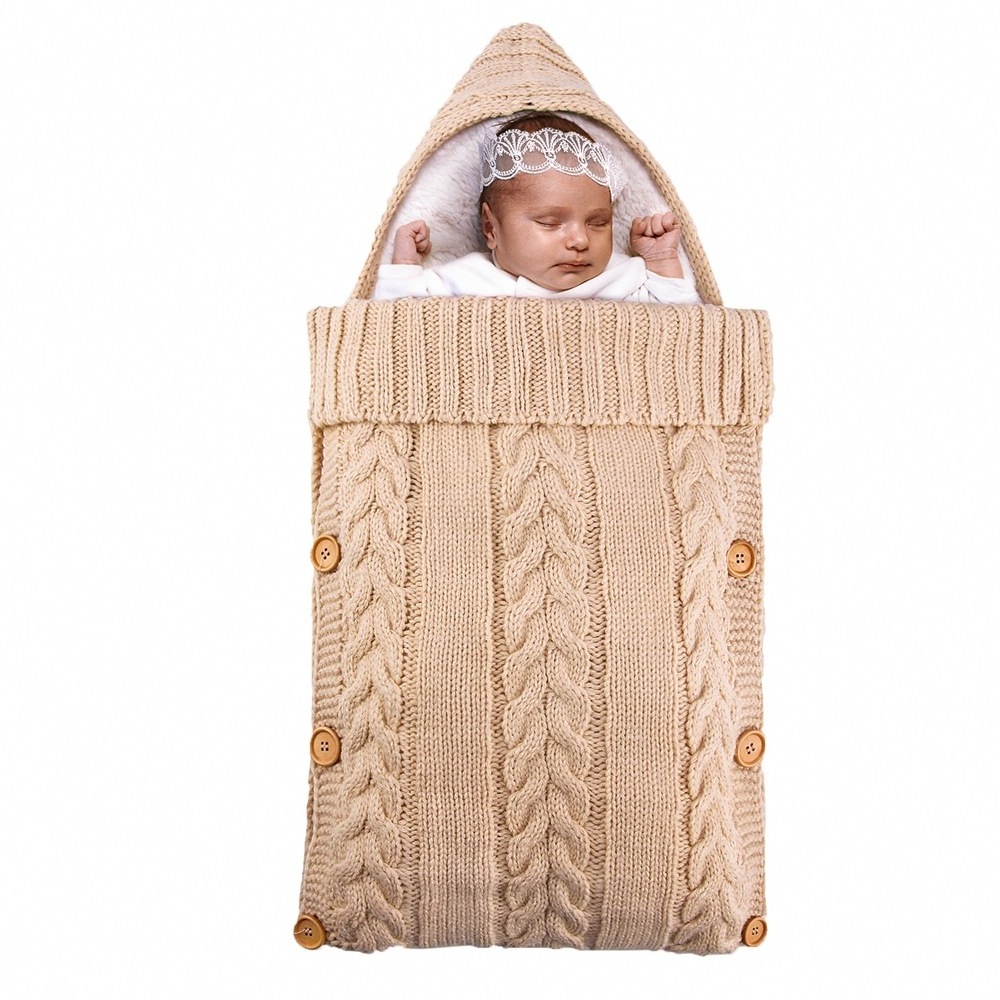 Hot Sale Newborn Swaddle Wrap Cute Solid Color Knit Nursery Baby sleeping Bag Breathable Baby Winter Sleep Blankets with Button