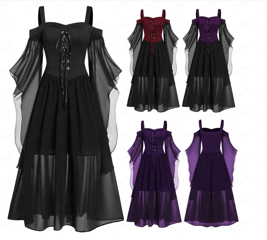 Fashion Witch Cosplay Halloween Costume Plus Size  Adult Off Shoulder Lady Dress Flying Sleeve Sexy Mesh Women Dresses