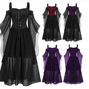 Fashion Witch Cosplay Halloween Costume Plus Size  Adult Off Shoulder Lady Dress Flying Sleeve Sexy Mesh Women Dresses