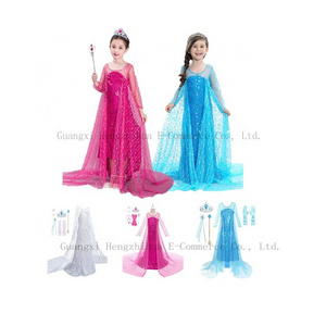 TV movie Elsa Dress Girl Deluxe Gown with Accessories Lace Long Tail Sequin Hem Kids Cosplay Princess Carnival Party Costume