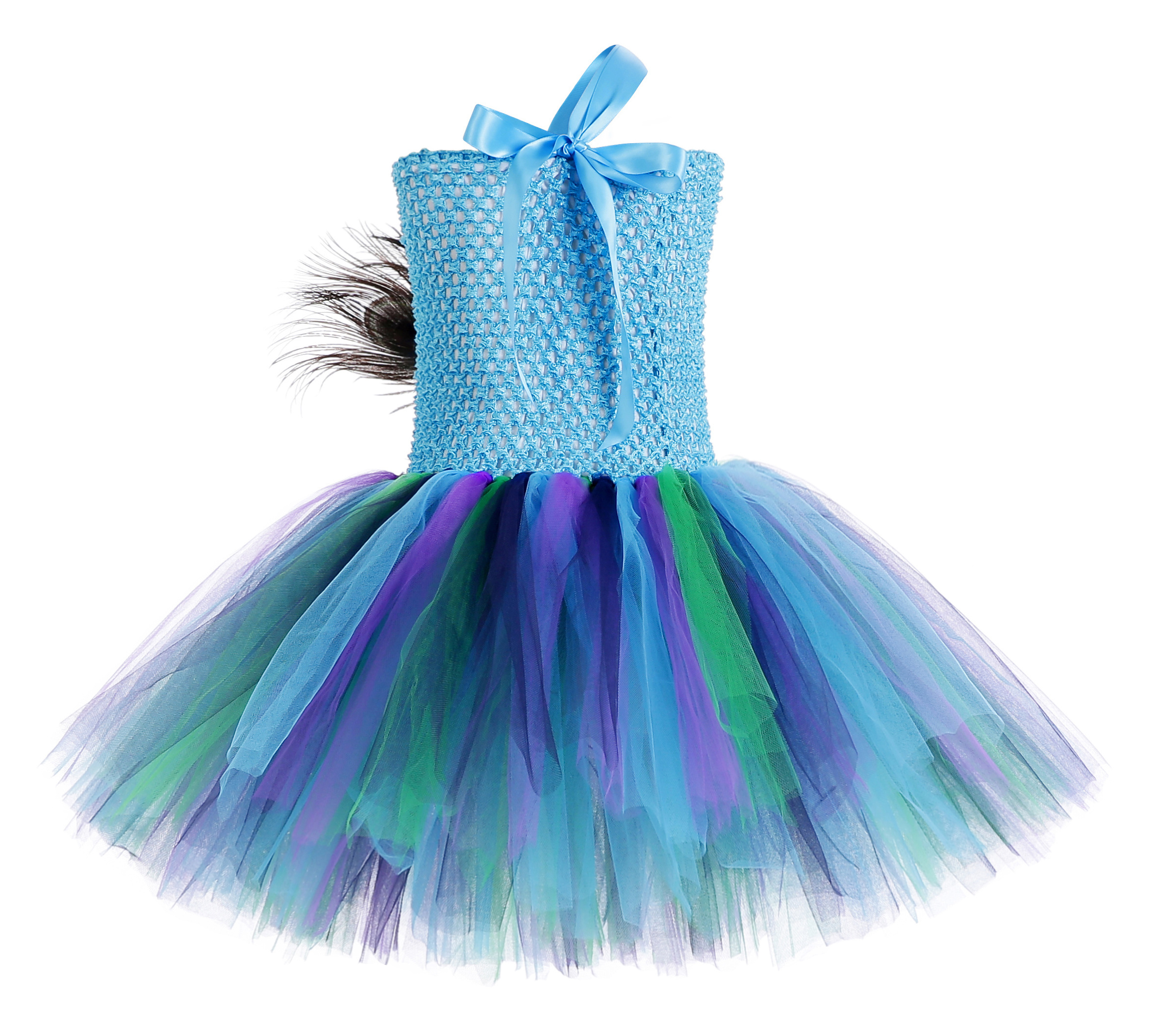 Factory Price Peacock Party Dress for Kids Girls Princess One Shoulder Tulle Tutu Skirt Costume Dressing up Dance Performance