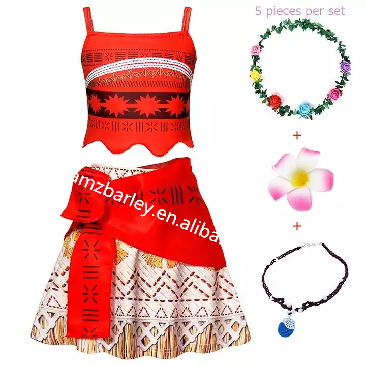 Amzbarley Two-piece Suit Girls Moana Costume Princess Birthday Fancy Party Cosplay Dress Up Kids Halloween Adventure Outfit