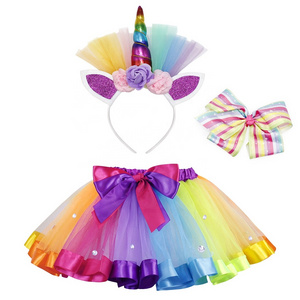 New Fancy 3 piece Children Girls Colorful Unicorn Tutu Dress Girls Lace Mesh Dress Rainbow Baby Tutu Skirts with headband sets