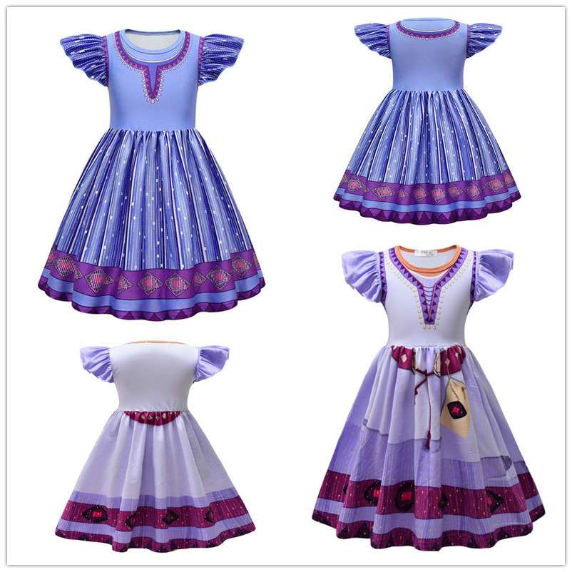 New Movie Girls Princess Dress Purple Asha Costume Birthday Party Halloween Carnival Cosplay  Asha Costume