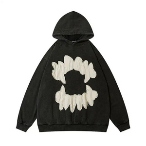 New Custom Logo 100% Cotton Streetwear High Quality Hoodies Vampire Teeth Goth Distressed Hoodies Pullover Oversize Mans Hoodies