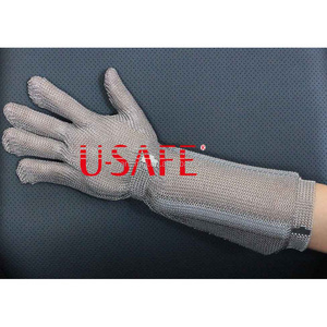 15cm long u-safe brand CHAINEXIUM CHAINMAIL GLOVE LONG CUFF butcher glove 100% stainless steel with a fastening strap