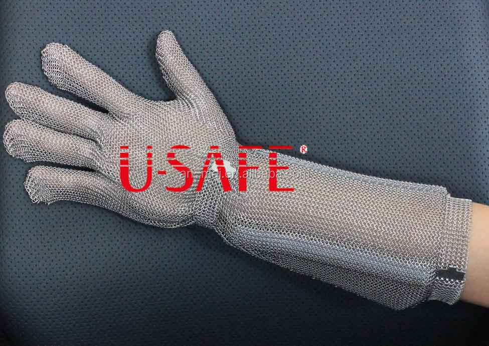 15cm long u-safe brand CHAINEXIUM CHAINMAIL GLOVE LONG CUFF butcher glove 100% stainless steel with a fastening strap