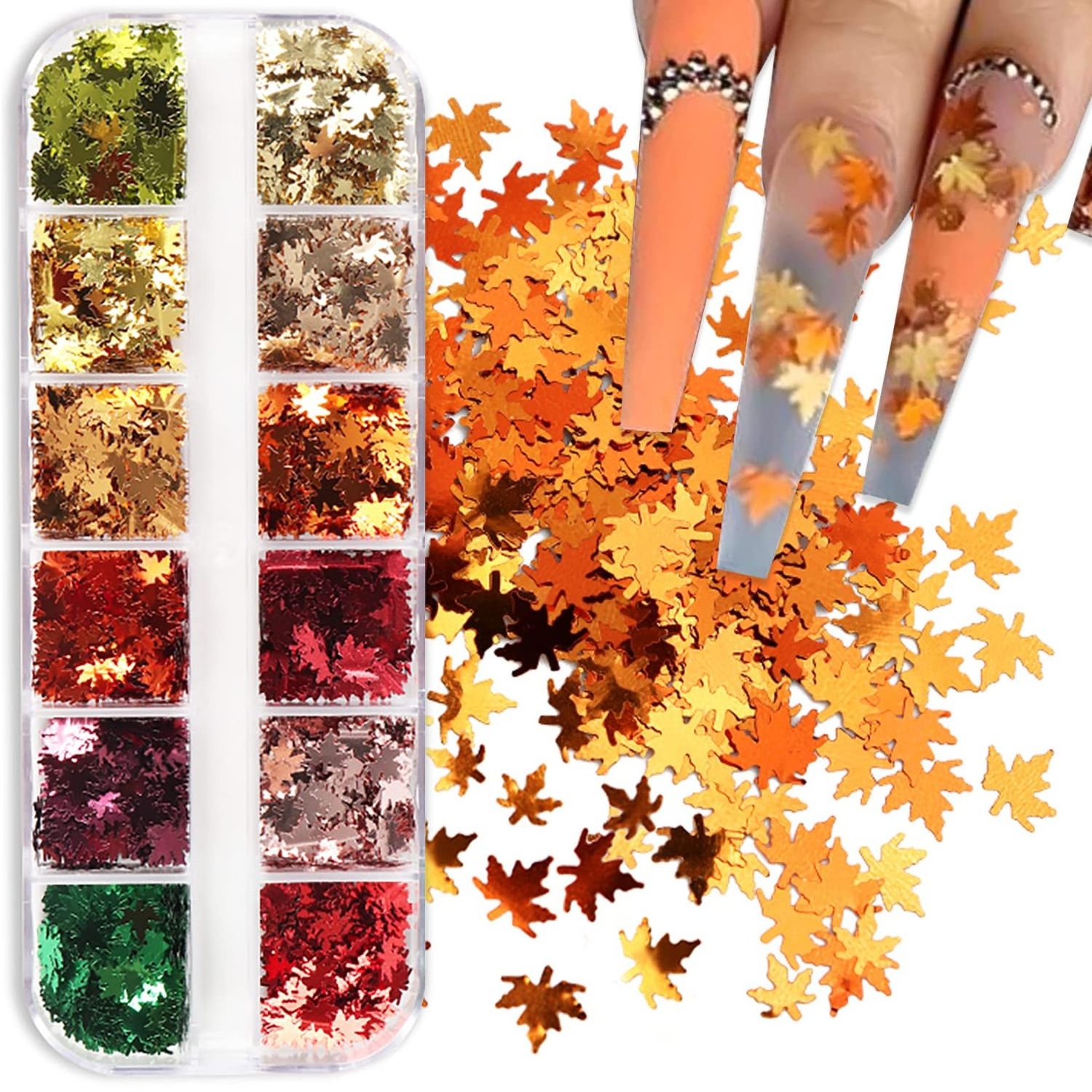 12 Grids/Box Fall Nail Art Stickers Decals Holographic Laser Leaves Designs 3D Maple Leaf Nail Glitter Sequins Nail Charms