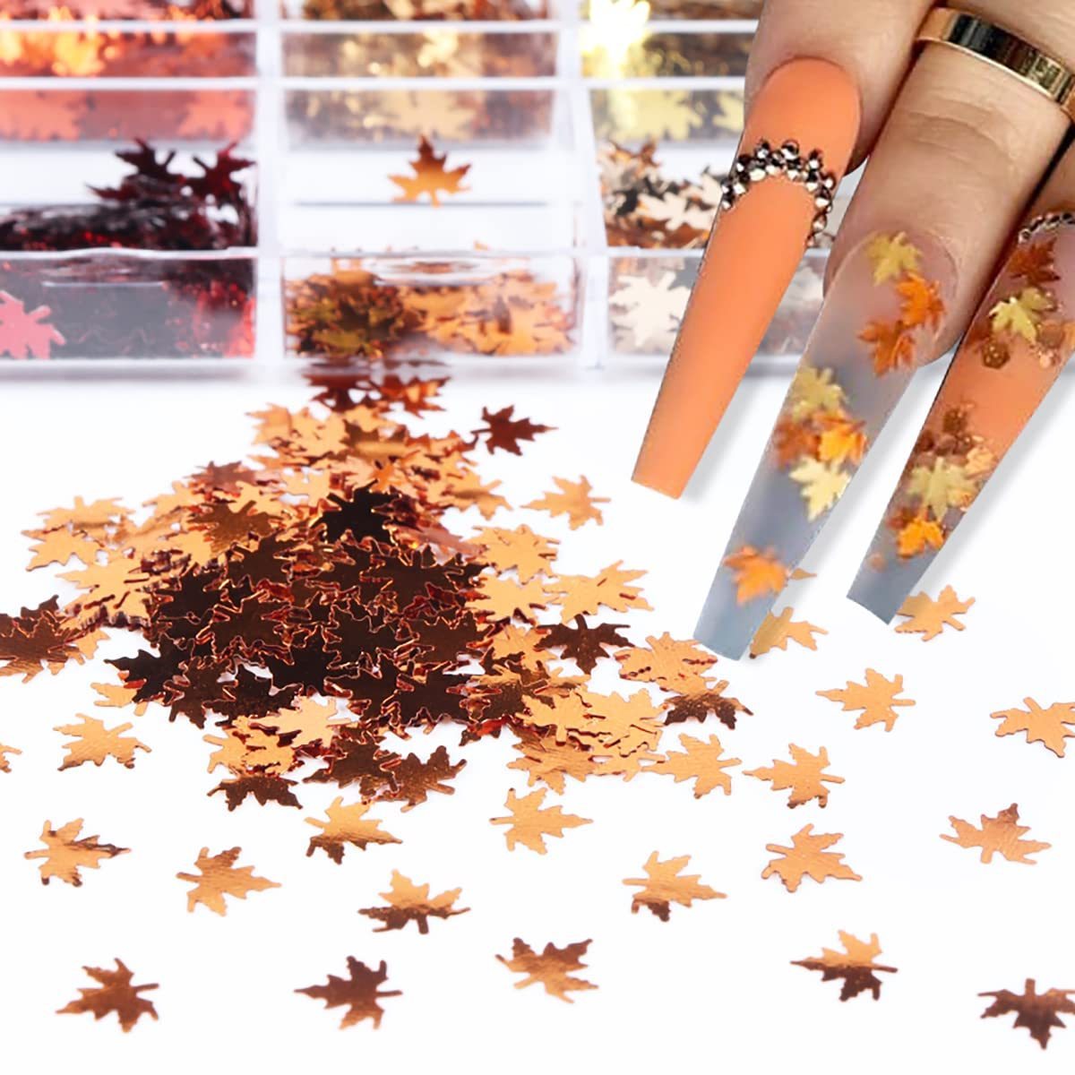 12 Grids/Box Fall Nail Art Stickers Decals Holographic Laser Leaves Designs 3D Maple Leaf Nail Glitter Sequins Nail Charms