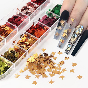 12 Grids/Box Fall Nail Art Stickers Decals Holographic Laser Leaves Designs 3D Maple Leaf Nail Glitter Sequins Nail Charms