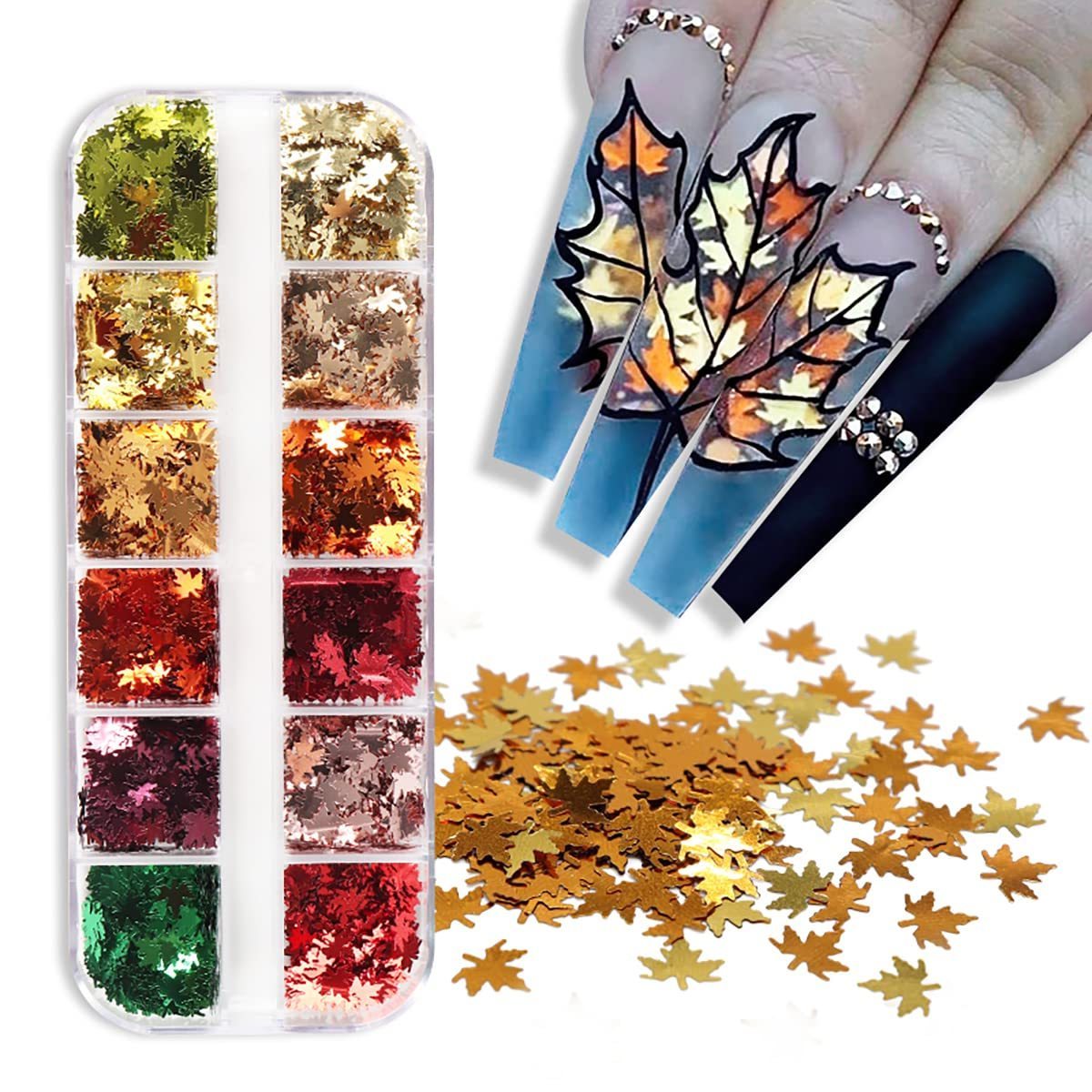 12 Grids/Box Fall Nail Art Stickers Decals Holographic Laser Leaves Designs 3D Maple Leaf Nail Glitter Sequins Nail Charms