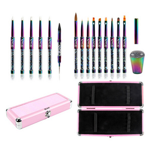 New Fashional  Gradient Rainbow Colorful  Professional Metal Handle Rhinestone Nylon Hair  Nail Brush Set Wax dotting pen