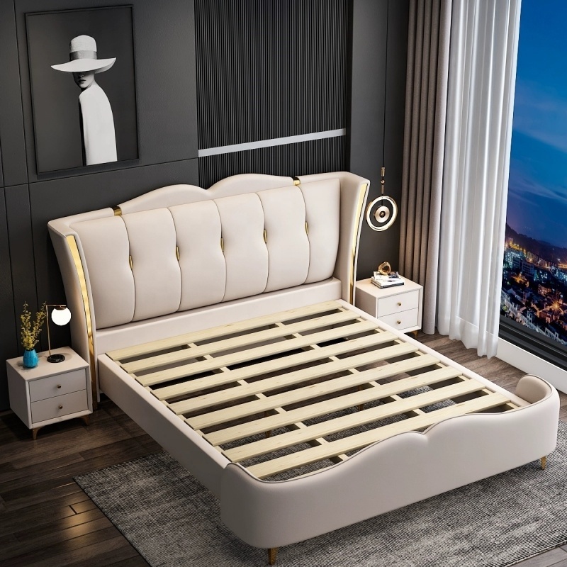 Luxury Modern Bedroom Furniture Genuine Leather Bed Set Solid Wood Double Soft King Bed