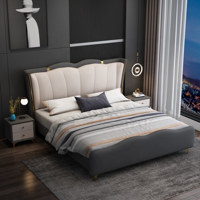 Luxury Modern Bedroom Furniture Genuine Leather Bed Set Solid Wood Double Soft King Bed