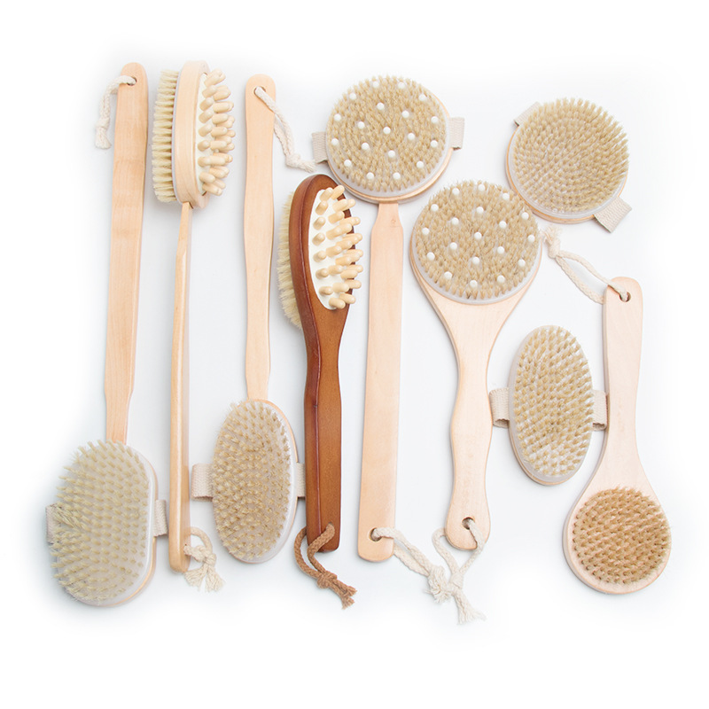 Abeis Hot Selling Low MOQ Stock Massage Bath Shower Brush Super Soft 100% Boar Bristle  Dry Body Brush