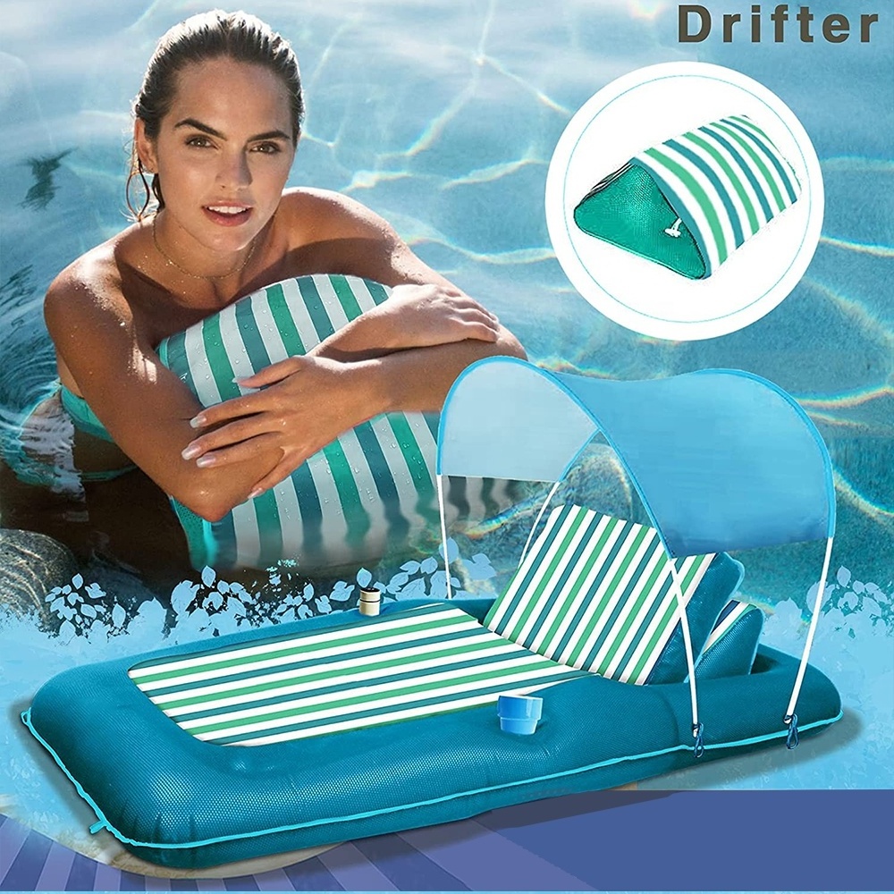 Summer Outdoor Leisure Inflatable Mesh Tanning Pool Lounger With Sun Protection Canopy