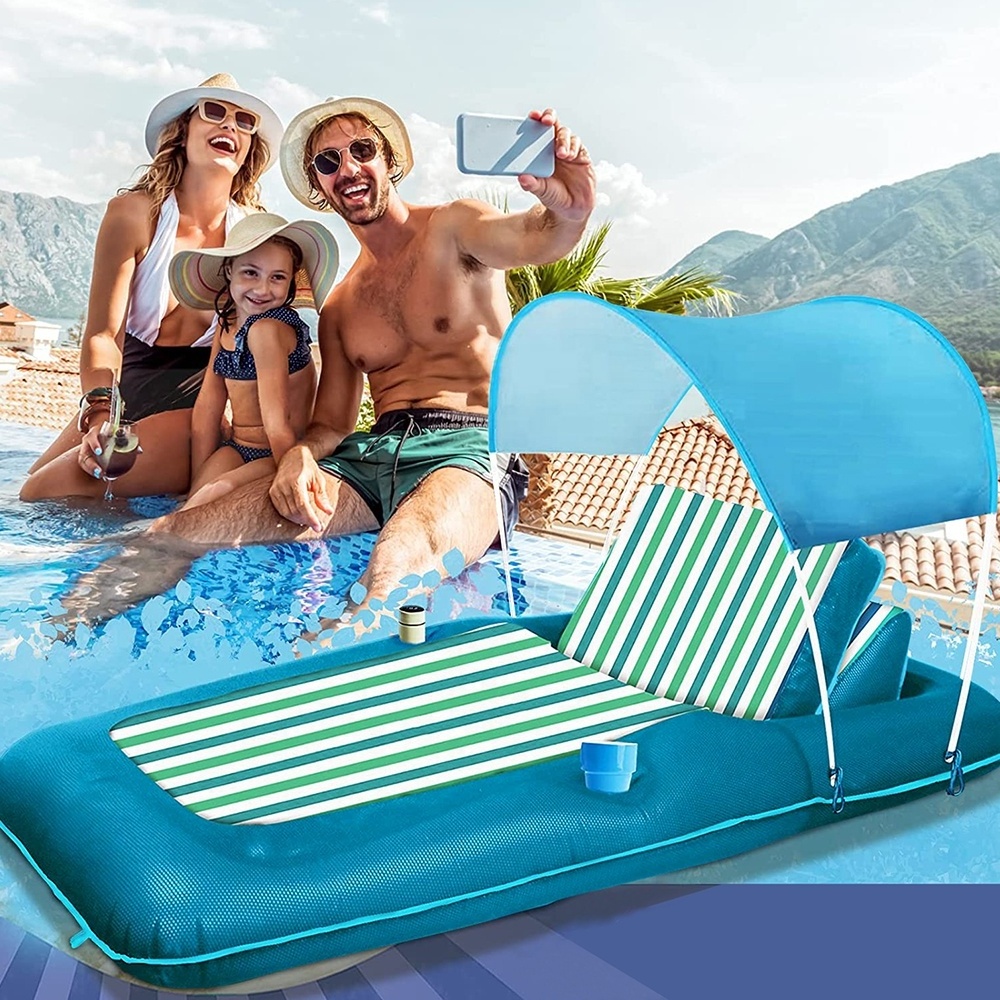 Summer Outdoor Leisure Inflatable Mesh Tanning Pool Lounger With Sun Protection Canopy