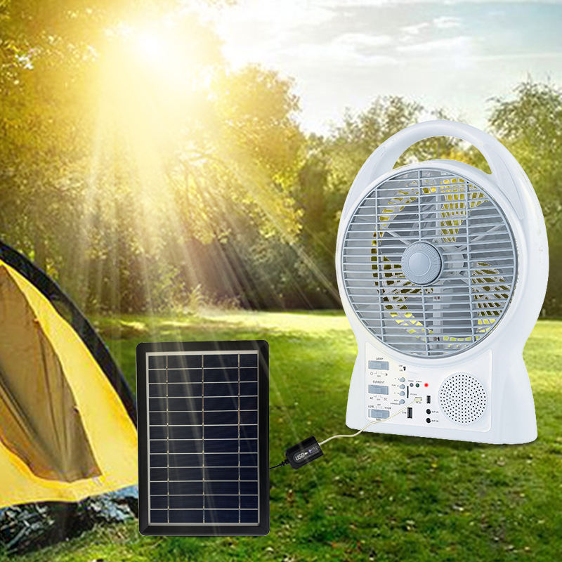 Emergency Charger Fan with AM FM Radio Mini Solar Powered Portable Multi-function Solar Fan Rechargeable Hot Selling 8 Inch 18V