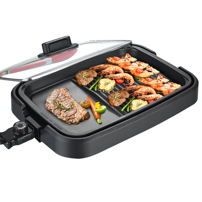 Smokeless grill ceramic coating griddle grill electric bbq grill pizza maker with Tempered Glass Lid Adjustable Temperature