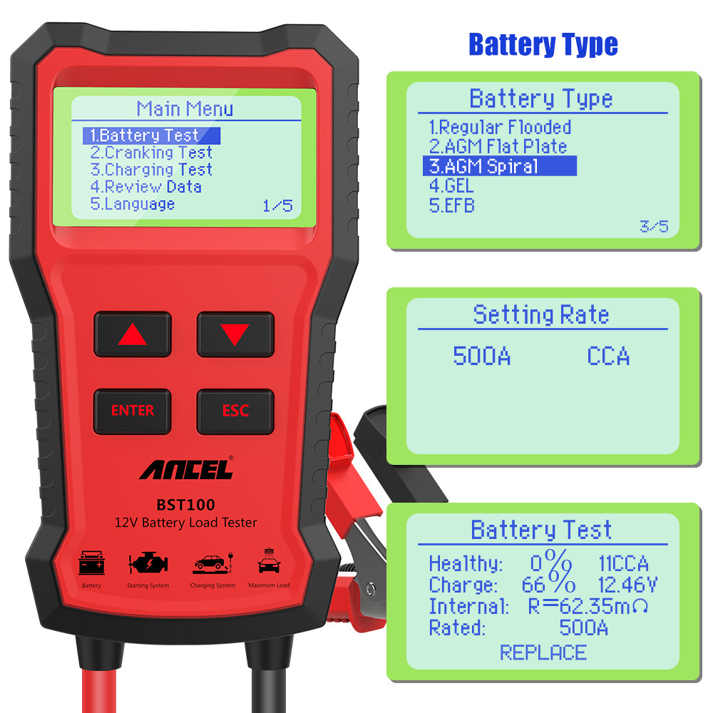 Ancel BST100 Battery Analyzer 12V 2000CCA Diagnostic Tools Cranking Test For Vans Boat Light Truck Automotive Battery Tester