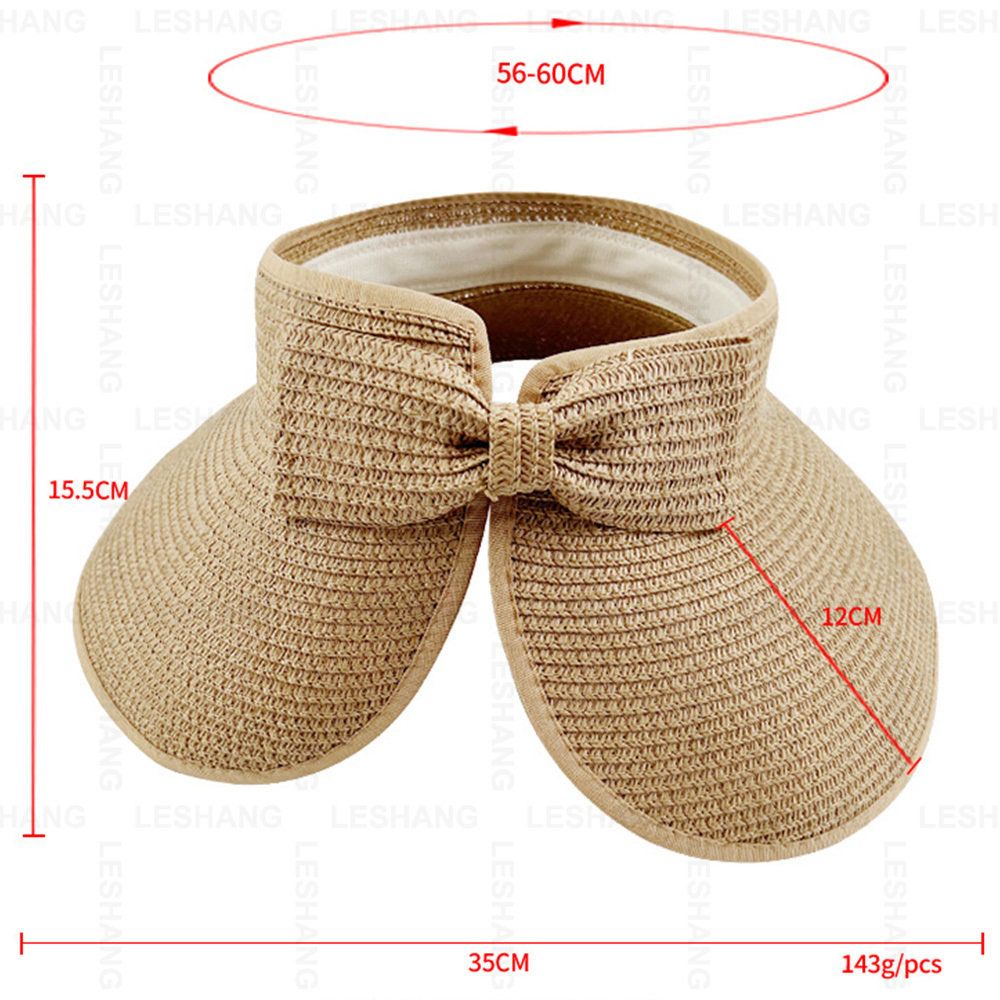 New Foldable Plain UPF 50+ Custom Logo Straw Visor Hat Breathable Wide Brim Roll-up Bowknot Ponytail Beach Sun Hat For Women