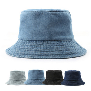 Wholesale Blank Custom Plain Jean Washed Distressed Denim Bucket Hat Custom Embroidery Logo Vintage Wide Brim Fisherman Cap