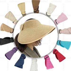 New Foldable Plain UPF 50+ Custom Logo Straw Visor Hat Breathable Wide Brim Roll-up Bowknot Ponytail Beach Sun Hat For Women