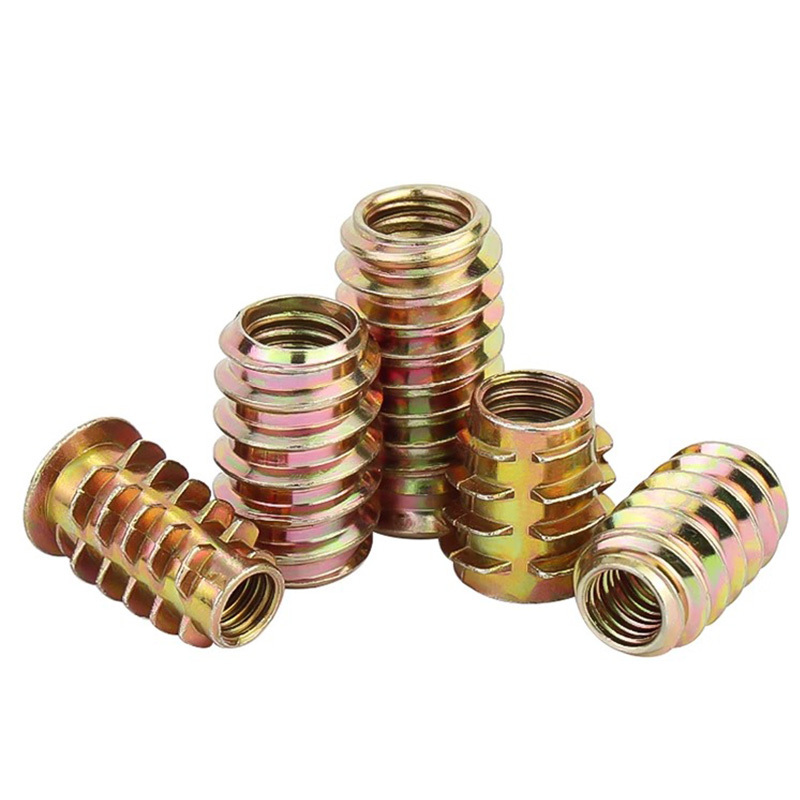 Factory Stock M6 Metal Rivet Nut Threaded Knurled Furniture Brass Flat Head Wood Insert Nut