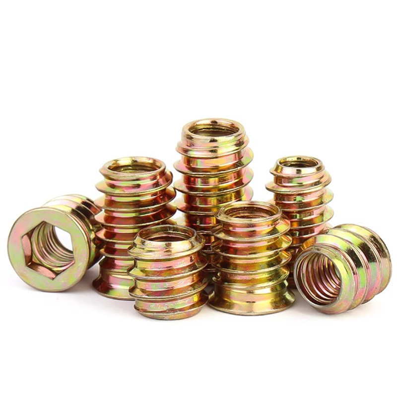 Factory Stock M6 Metal Rivet Nut Threaded Knurled Furniture Brass Flat Head Wood Insert Nut