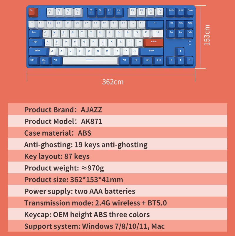 AJAZZ AK871 BT 2.4G Dual-mode Wireless Gaming Mechanical Keyboard 87 Keys Hot Swap Keyboards Red Switch