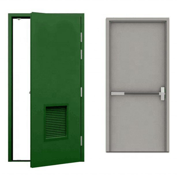 Guangzhou security exterior door,90mins steel fireproof door with panic push bar CE certificated