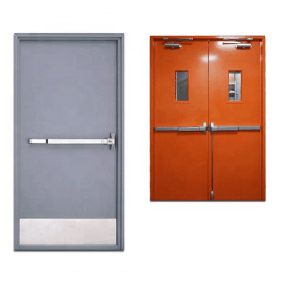 Guangzhou security exterior door,90mins steel fireproof door with panic push bar CE certificated