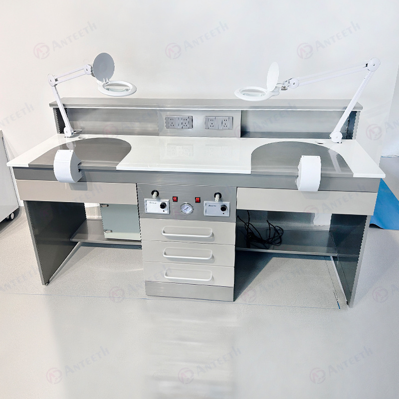 Double 1.8 Meters Dental Lab Work Station Equipment Laboratory Marble Table Furniture Magnifying Glass Lamp Dental Lab Bench