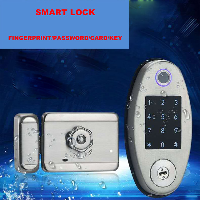 Stainless smart electric rim lock   IP65 waterproof outdoor fingerprint gate lock keypad card door lock