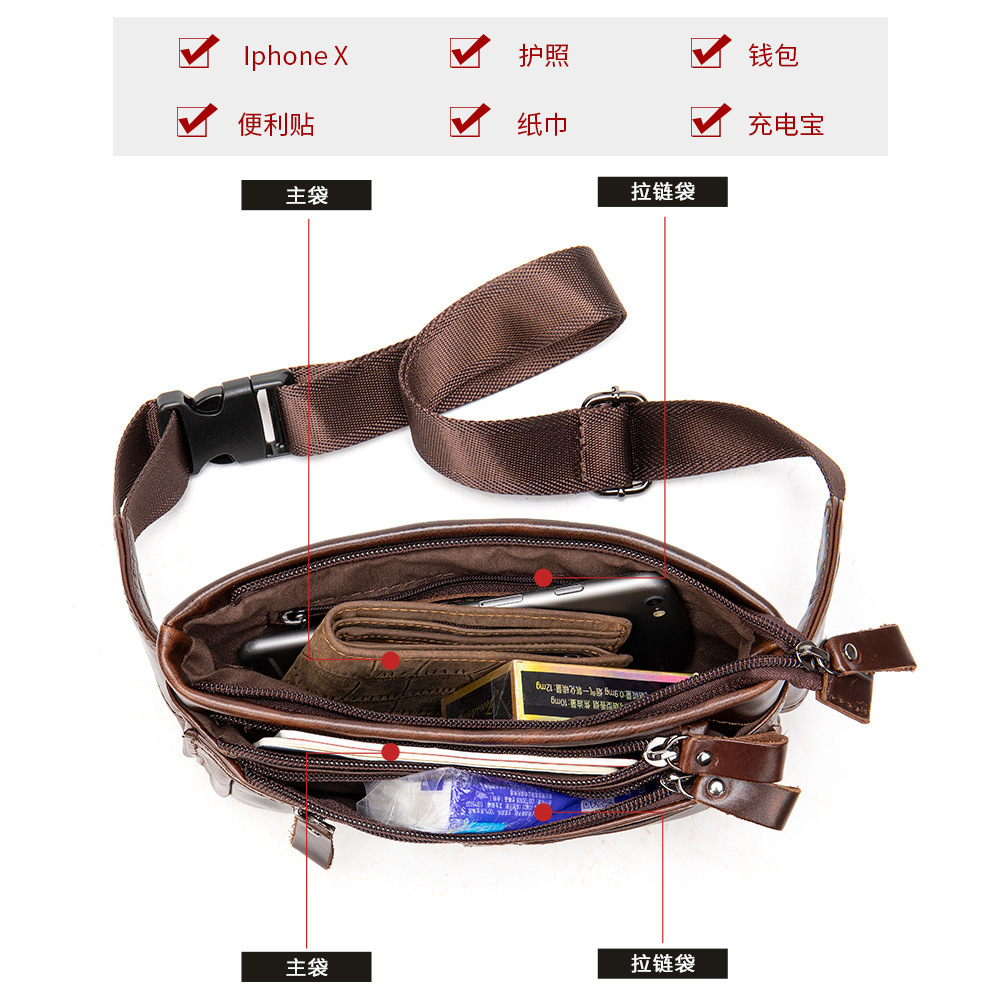 Andong Fashion Genuine Cow Leather Shoulder Bags Crossbody Sling Bag for Men with Front Zipper Pocket Chest Waist Pack