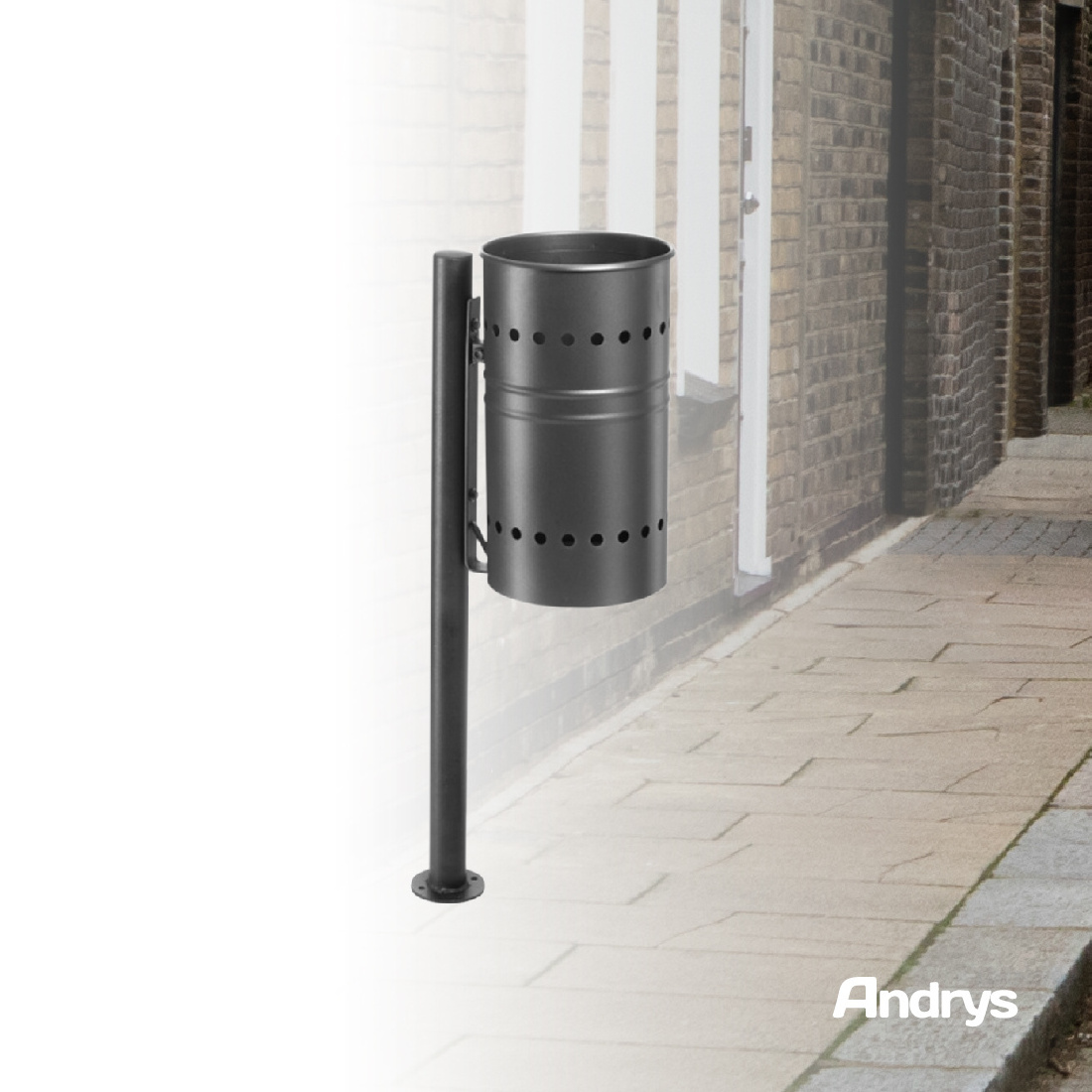 High Quality Made in Italy Outdoor Trash Bin with Bracket Pole and Basket in Black Painted Steel for Waste Disposal