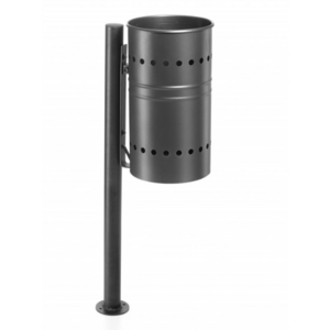 High Quality Made in Italy Outdoor Trash Bin with Bracket Pole and Basket in Black Painted Steel for Waste Disposal