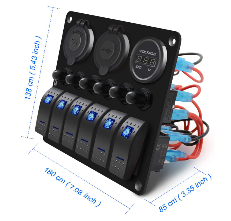 6 Gang Gang Marine Boat Rocker Switch Panel, 12V Waterproof LED Lighted Toggle Switches Fuse Breaker Protected Control with 12 V