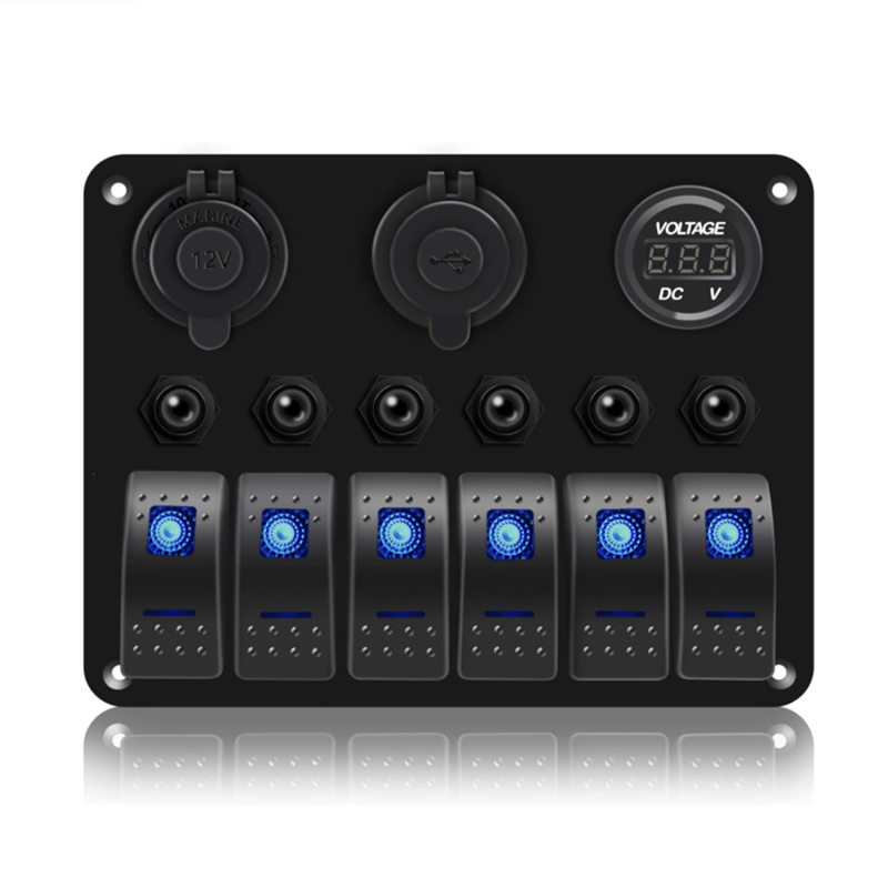 6 Gang Gang Marine Boat Rocker Switch Panel, 12V Waterproof LED Lighted Toggle Switches Fuse Breaker Protected Control with 12 V