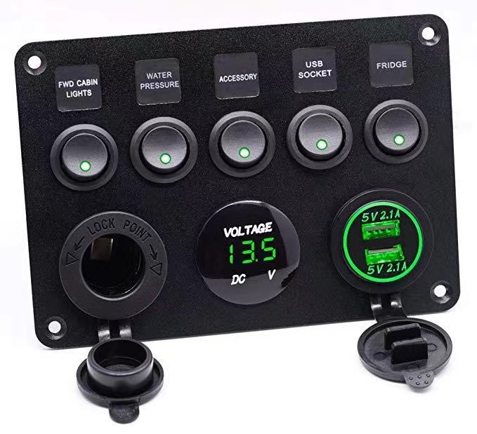 12V Waterproof RV Led Switch Panel for Car Truck Marine Boat, Digital Voltmeter Display QC3.0 Dual USB Charger Port DC