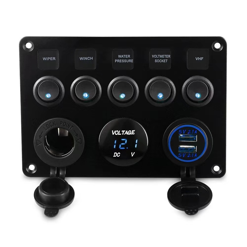 12V Waterproof RV Led Switch Panel for Car Truck Marine Boat, Digital Voltmeter Display QC3.0 Dual USB Charger Port DC